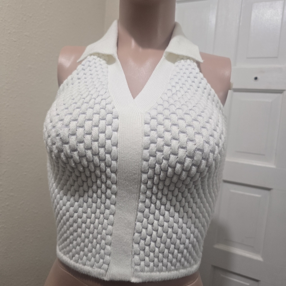 Maniere De Voir Cream Textured Knit Halter Polo Tank